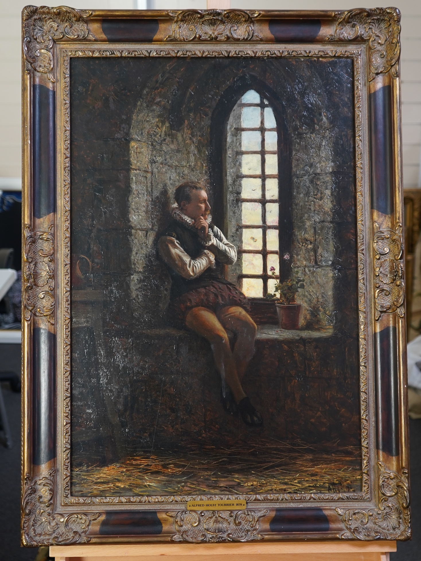 Alfred Holst Tourrier, British 1836-1892, A gentleman wearing Tudor dress seated before an arched window